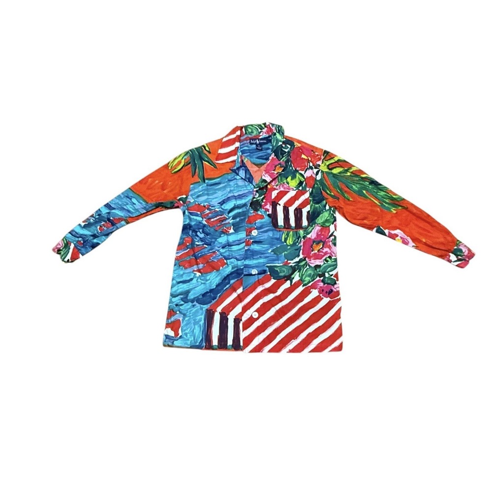 VINTAGE Polo Ralph Lauren Shirt Womens‎ 10 Colorful Camp Brushstroke Button Up
